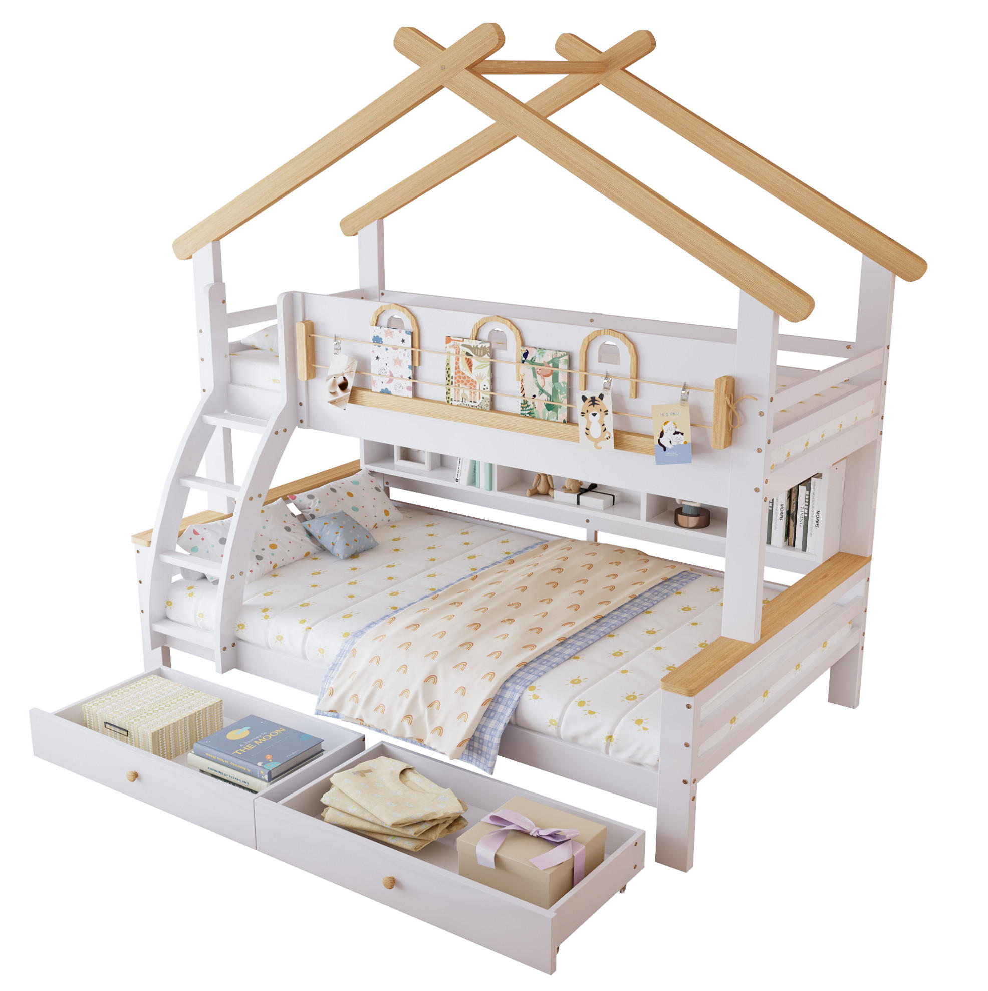 ETAGENBETT Kinderetagenbett 90/200 cm & 120/200 cm Weiß Natur mit Schubladen ohne Matratze - Weiß, Holz (90/200cm) - MIVRAY