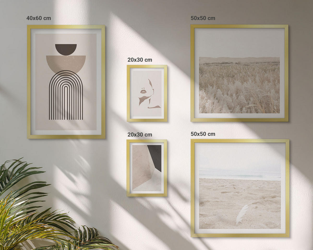 BILDER SET 5er Set - 50x50 cm & 20x30 cm & 40x60 cm Goldrahmen - Abstrakte weiß-braune Muster - Goldfarben, Kunststoff (40/60cm) - TULUP