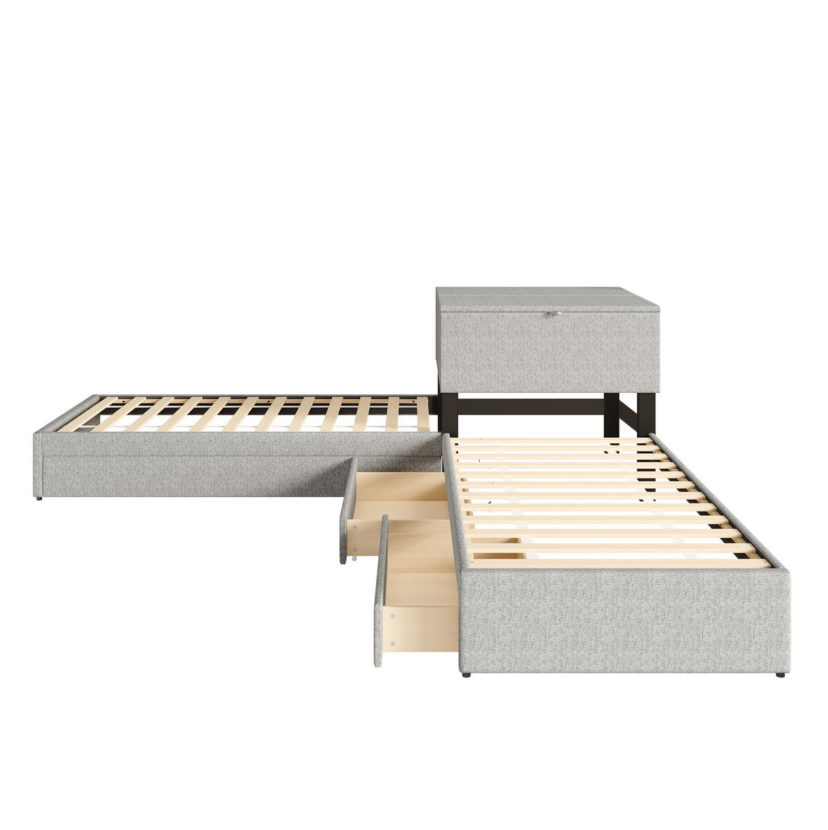POLSTERBETT 90/200 cm grau aus Leinen mit Ausziehbett und Stauraum - Grau, Holzwerkstoff (90/200cm) - OKWISH