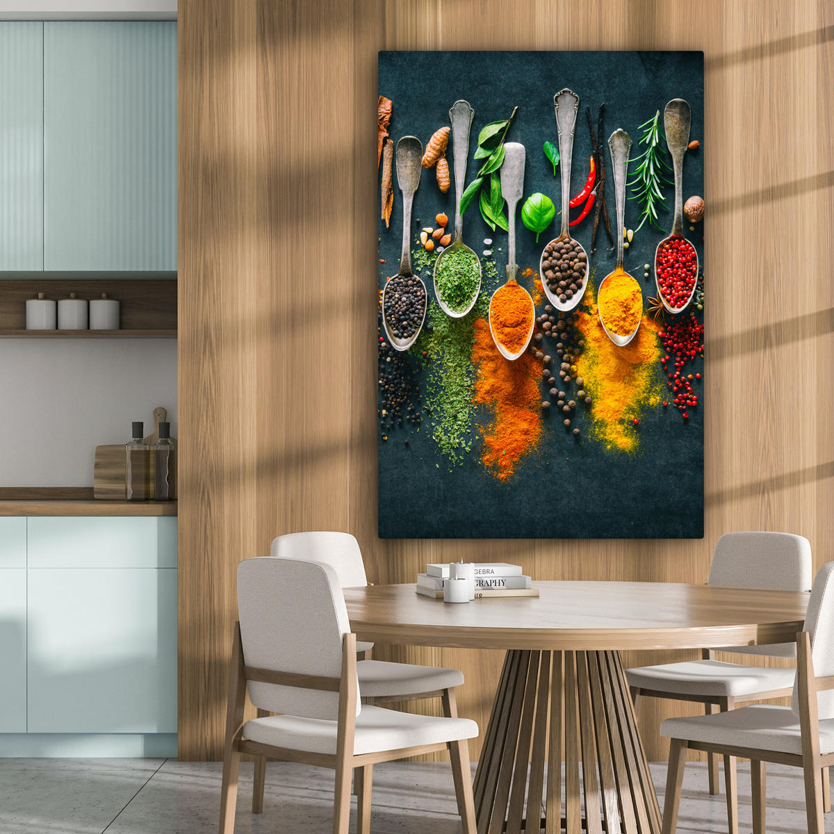LEINWANDBILD Kräuter - Gewürze - Löffel - Küche 80x120 cm - Currygelb, Textil (80/120cm) - MuchoWow
