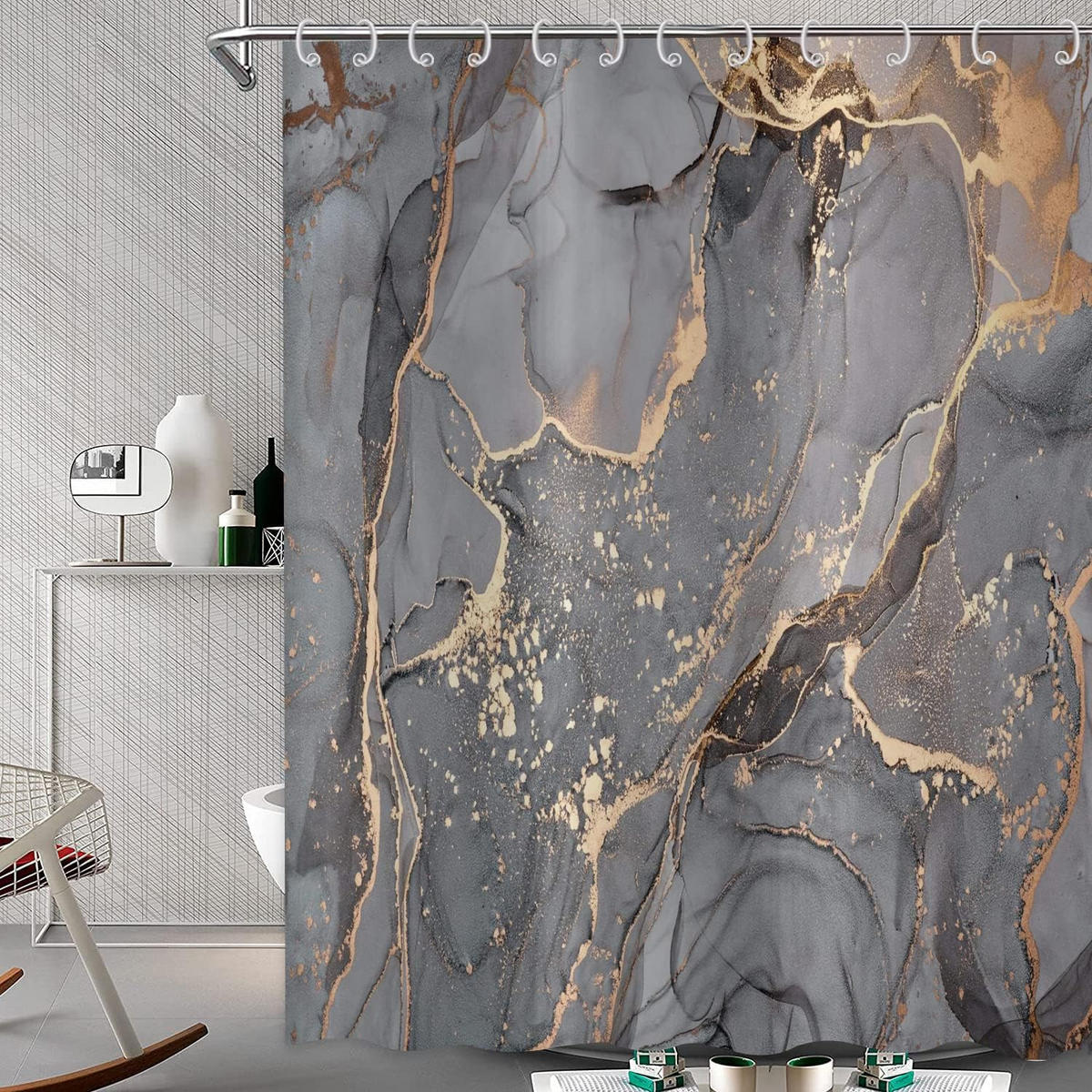 DUSCHVORHANG Grau Gold Marmor abstrakt modern Luxus Kunst wasserdicht mit Haken Badewanne - Multicolor, Textil (200/180cm) - MCBOSON