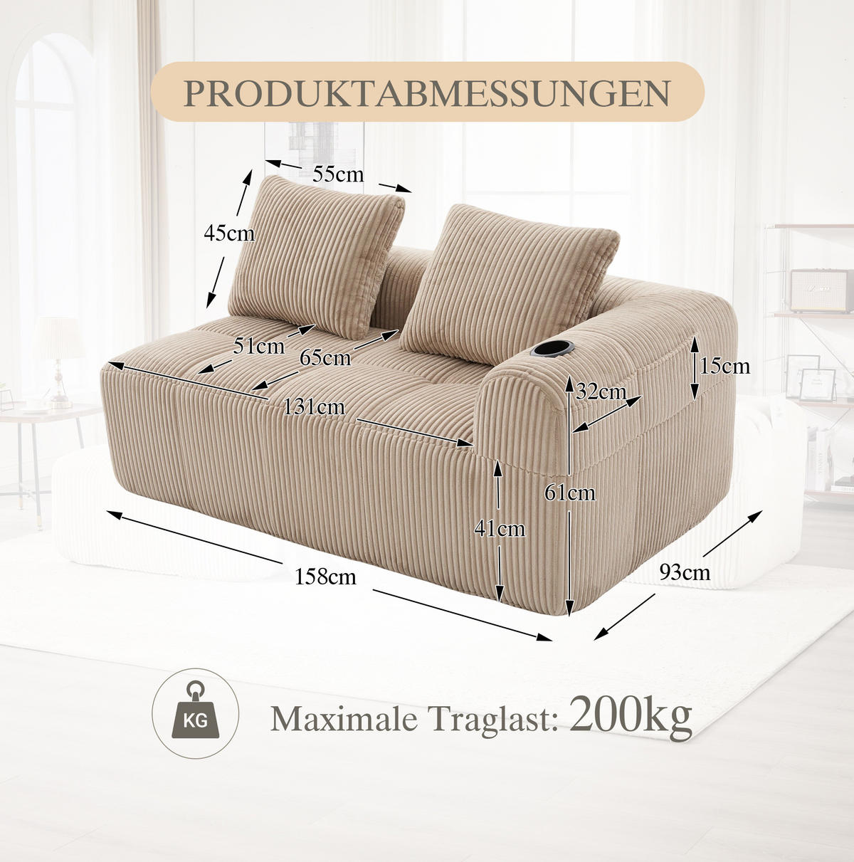 2-SITZER Sofa Cordstoff mit Seitenfächern und Becherhalter 158/93/61 cm Sandfarben - Sandfarben, Textil (93/61/158cm) - Redom