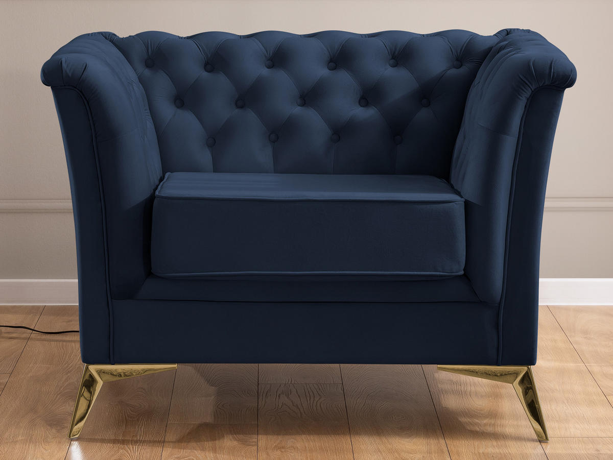 SITZGARNITUR 3+1 Chesterfield Whitby Marineblau Samt mit goldenen Füßen - Blau/Goldfarben, Holz/Textil (237/78/82cm) - S-Style Möbel