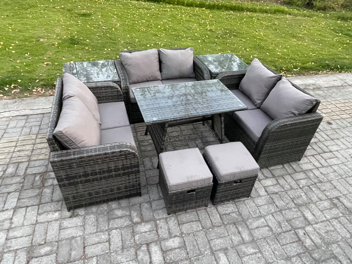 GARTENMÖBELSET mit ESSTISCH,SOFA Polyrattan 8-Sitzer - Dunkelgrau/Grau, Glas/Kunststoff - Fimous