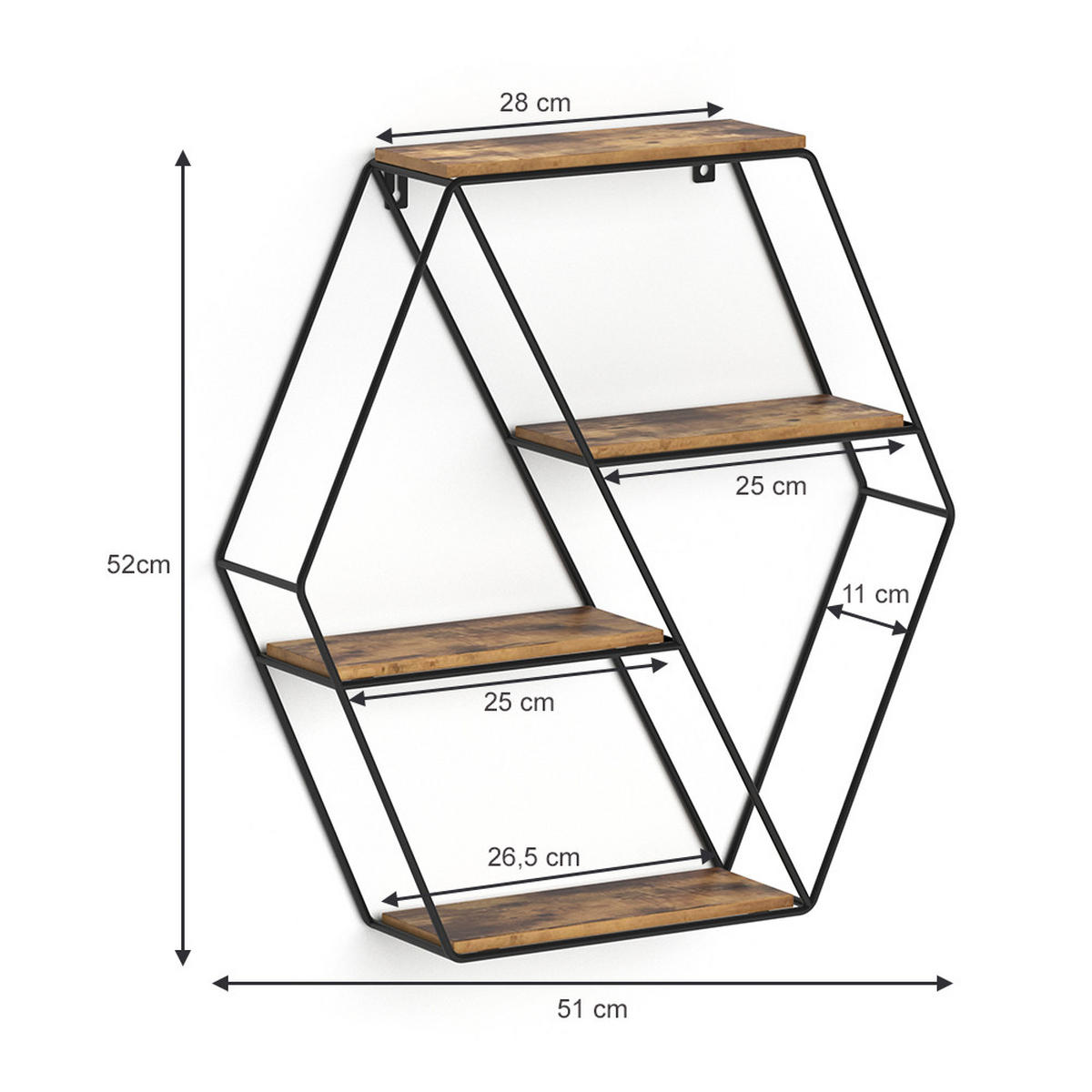WANDREGAL Fyrk Antikholz 51 x 52 cm Eckform - Alteiche/Schwarz, Holzwerkstoff (51/52/11cm) - Vicco