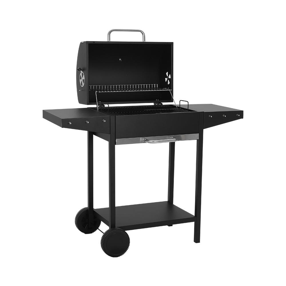 HOLZKOHLEGRILL aus Karbonstahl in Schwarz Tragbarer für den Außenbereich mit Seitenablagen 119 cm B × 50 cm T × 101 cm H - Schwarz, Metall (119/50cm) - Livingandhome