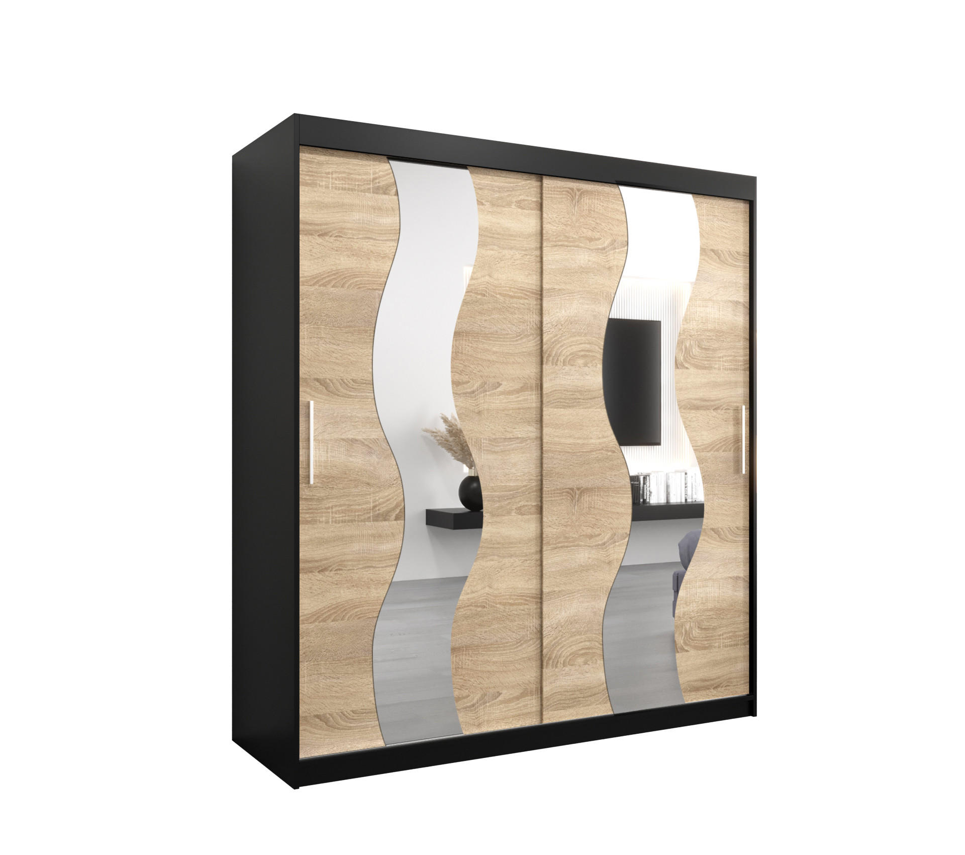 Abiks Möbel Schwebetürenschrank Schwarz, Sonoma Eiche 180x200x62 cm