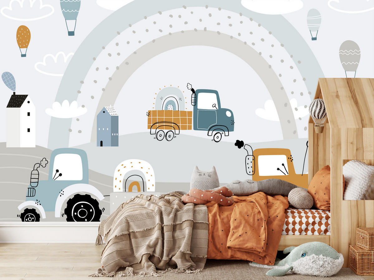 FOTOTAPETE für Kinderzimmer Baumaschinen Regenbogen Hügel Wolken 350x256 - Blau/Beige, Papier (350/256cm) - Muralo