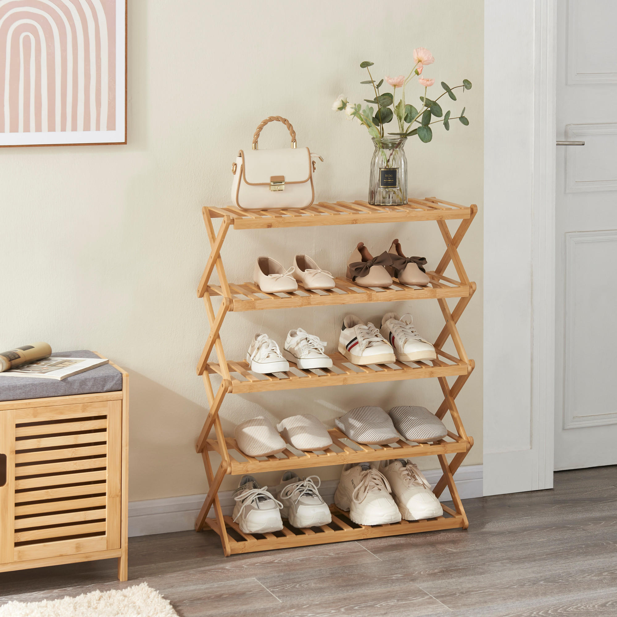 SCHUHREGAL Fitzbek - Naturfarben, Holz (67/89/26cm) - [en.casa]