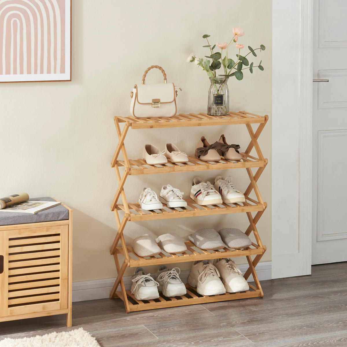 SCHUHREGAL Fitzbek - Naturfarben, Holz (67/89/26cm) - [en.casa]