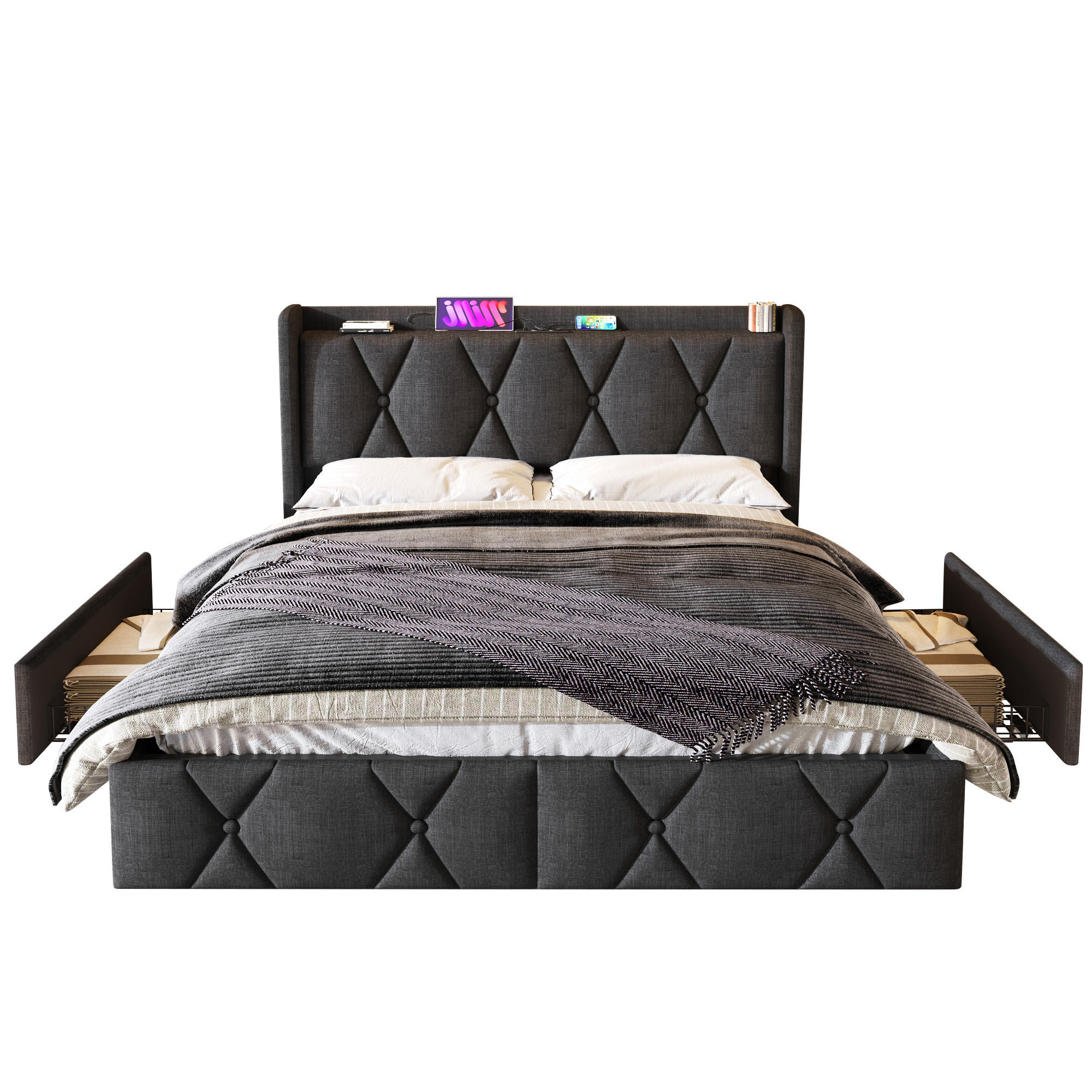 POLSTERBETT 140/200 cm Grau mit 4 Schubladen und USB-Ladefunktion mit Matratze - Grau, Textil (140/200cm) - OKWISH