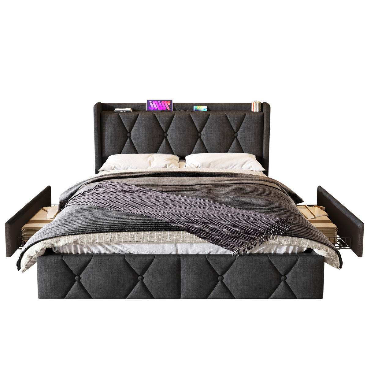 POLSTERBETT 140/200 cm grau mit USB-Ladefunktion und 4 Schubladen - Grau, Textil (140/200cm) - OKWISH