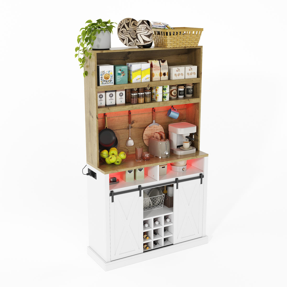 BUFFET 191 cm MDF Natur Weiß mit RGB-LED, USB-Anschluss und Weinregal - Weiß, Holzwerkstoff (40/191/110cm) - Korfee