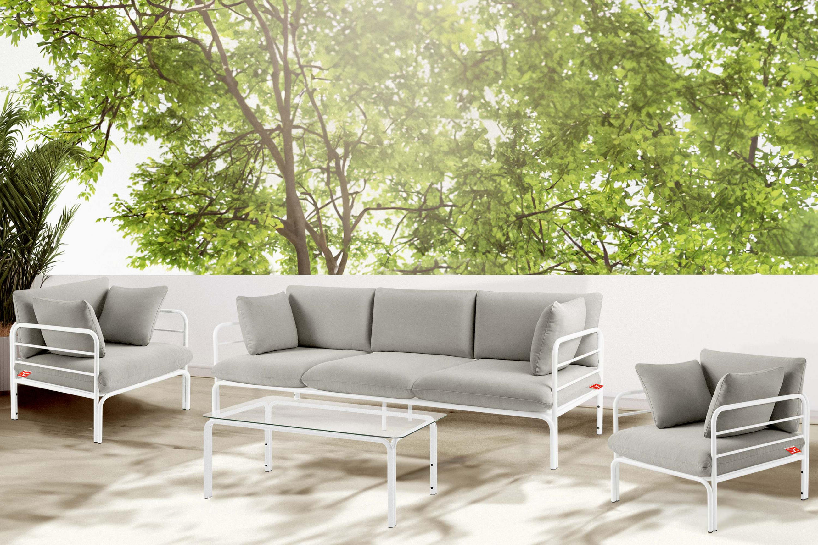 GARTENMÖBELSET RAMBE 4-tlg. 1x Tisch 2x Sessel 1x Sofa 3-Sitzer, mit Auflage, Stahlrahmen, LOFT-STIL, Weiß/Hellgrau - Hellgrau/Weiß, Textil/Metall - KONSIMO®
