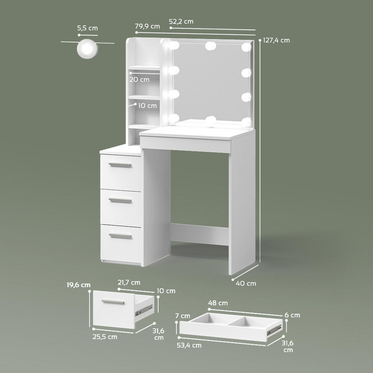 SCHMINKTISCH Ivera Weiß 79.9 cm mit LED Beleuchtung - Weiß, Holzwerkstoff (79.9/127.4/40cm) - Livinity®