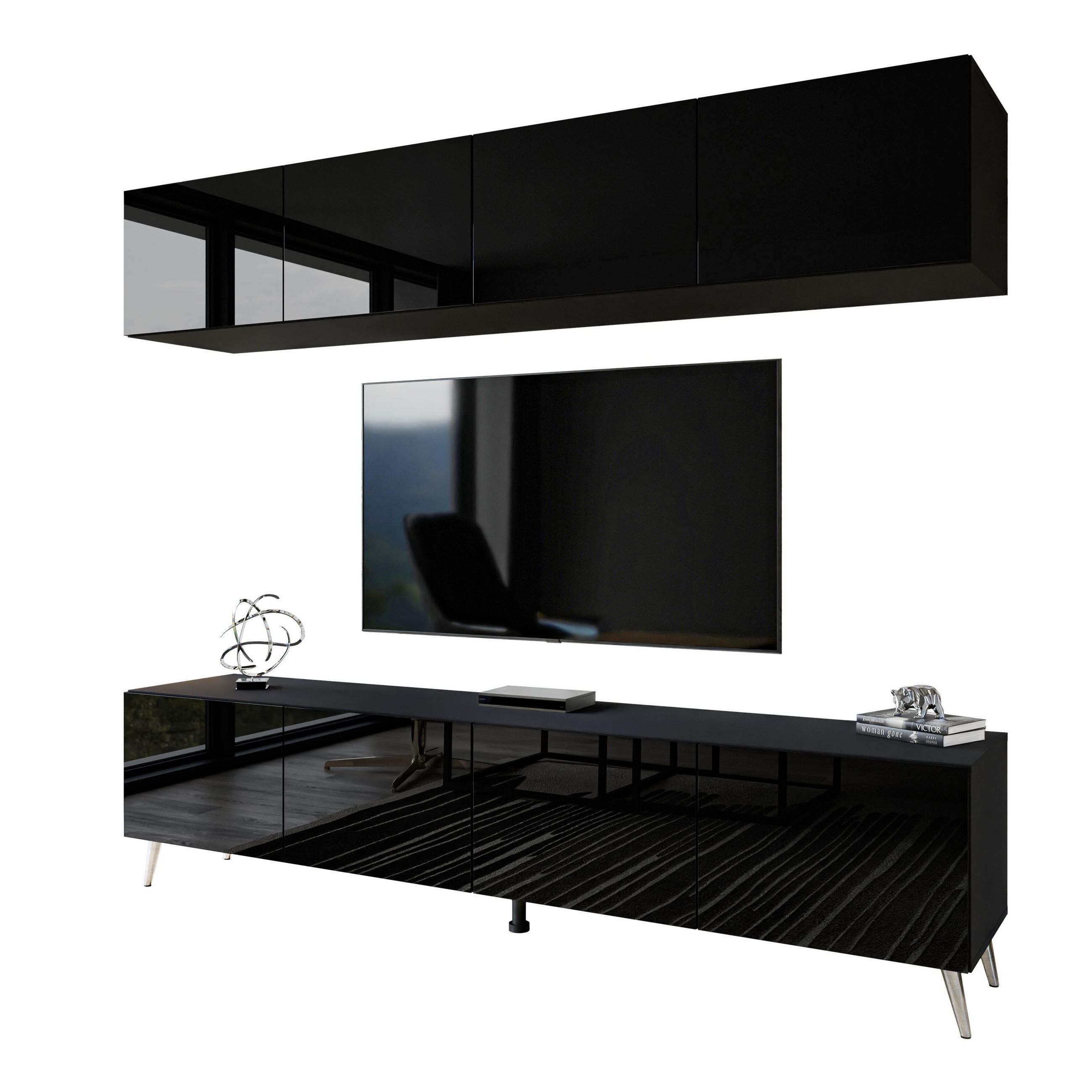 WOHNWÄNDE AURA PUSH-OPEN Schwarz Hochglanz mit LED-Beleuchtung – Füße in Chrom - Schwarz Hochglanz/Silberfarben, Holzwerkstoff (200/49/40cm) - Lookway