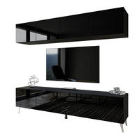 WOHNWÄNDE AURA PUSH-OPEN Schwarz Hochglanz mit LED-Beleuchtung – Füße in Chrom - Schwarz Hochglanz/Silberfarben, Holzwerkstoff (200/49/40cm) - Lookway