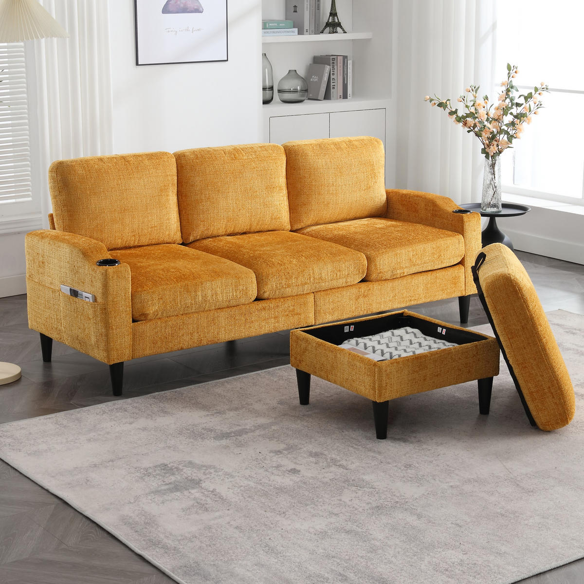 SOFA 4-Sitzer mit Hocker 196,5 x 75 x 77 cm Chenille Gelb - Gelb, Kunststoff (196.5/77/76cm) - Meubliv