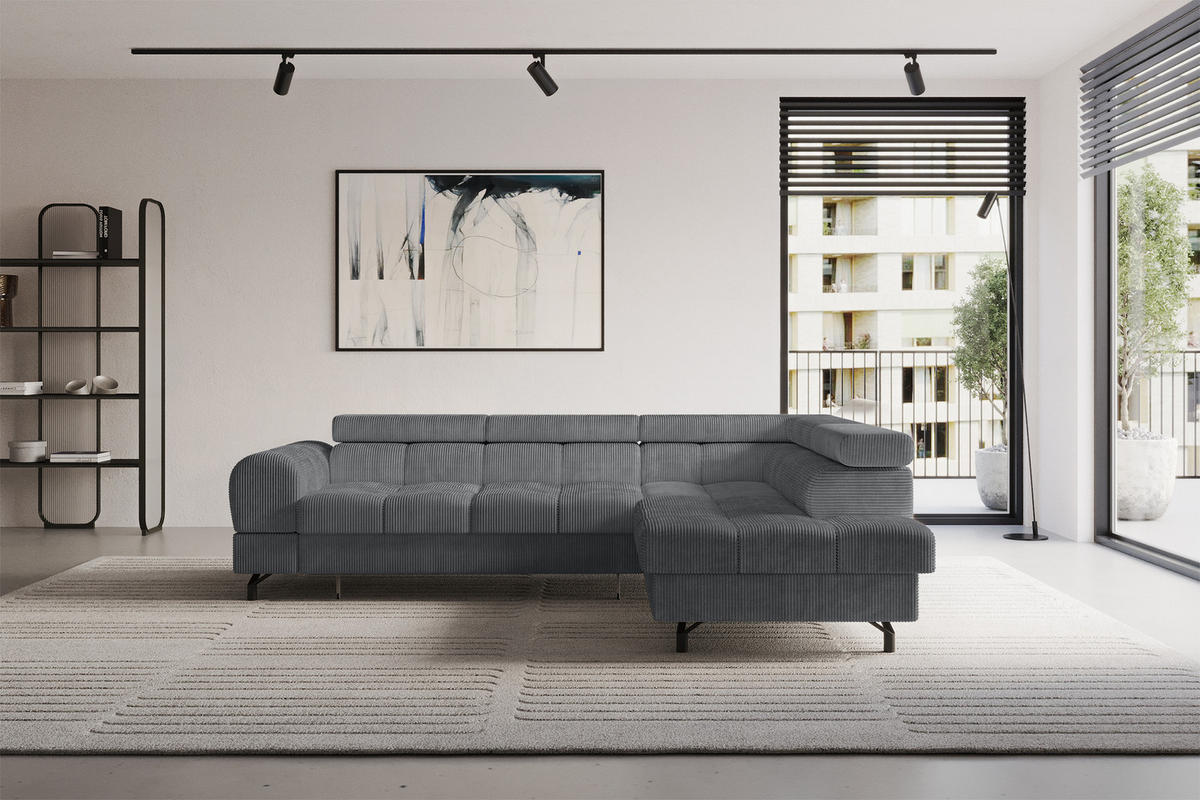 ECKSOFA mit Schlaffunktion Ottomane Rechts LUMA-L 272x203x70 Dunkelgrau Cord - Dunkelgrau/Schwarz, Holzwerkstoff/Kunststoff (203/272cm) - ALTDECOR
