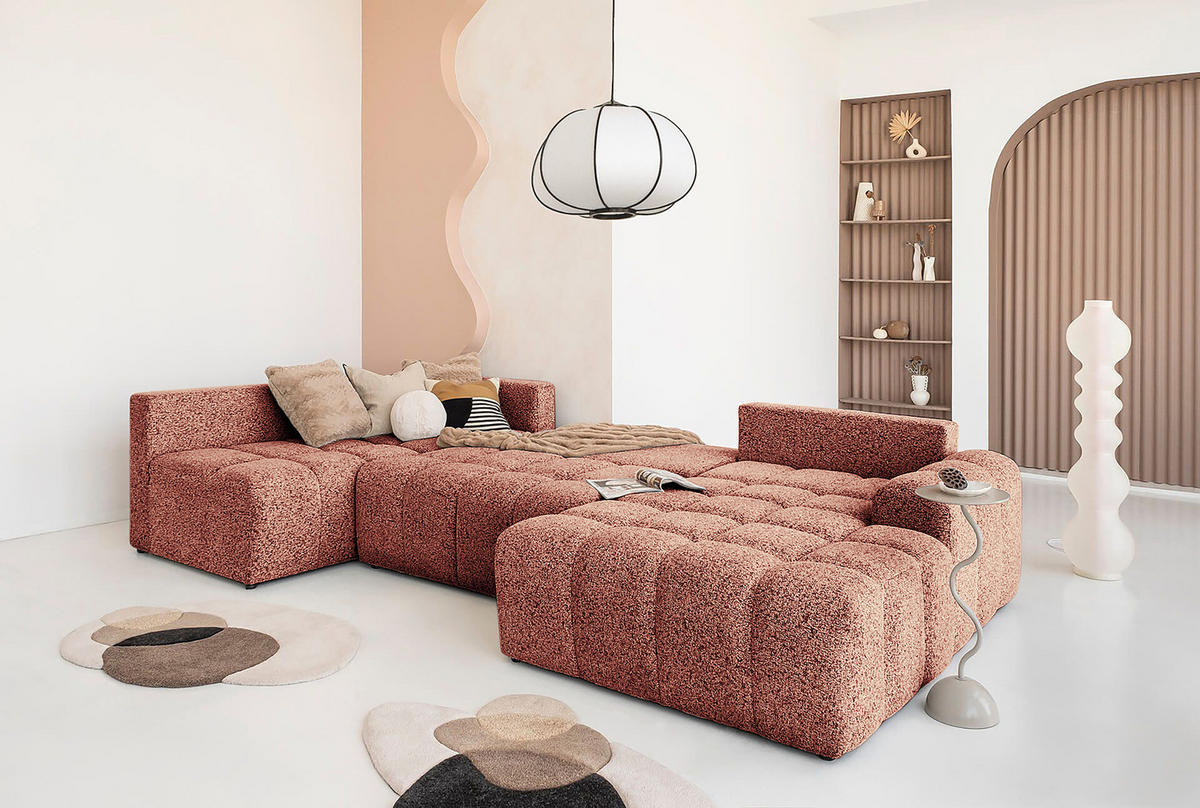 WOHNLANDSCHAFT - Strukturstoff - Beige/Rot, Kunststoff/Textil (333/187cm) - home24