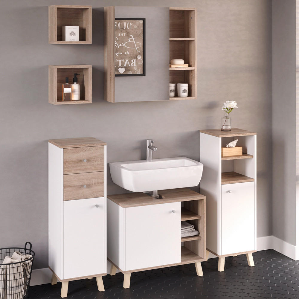 BADMÖBEL-SET Senyo Weiß 5 Teile, mit Regalen - Weiß/Sonoma Eiche, Holzwerkstoff (62/54/32cm) - Vicco