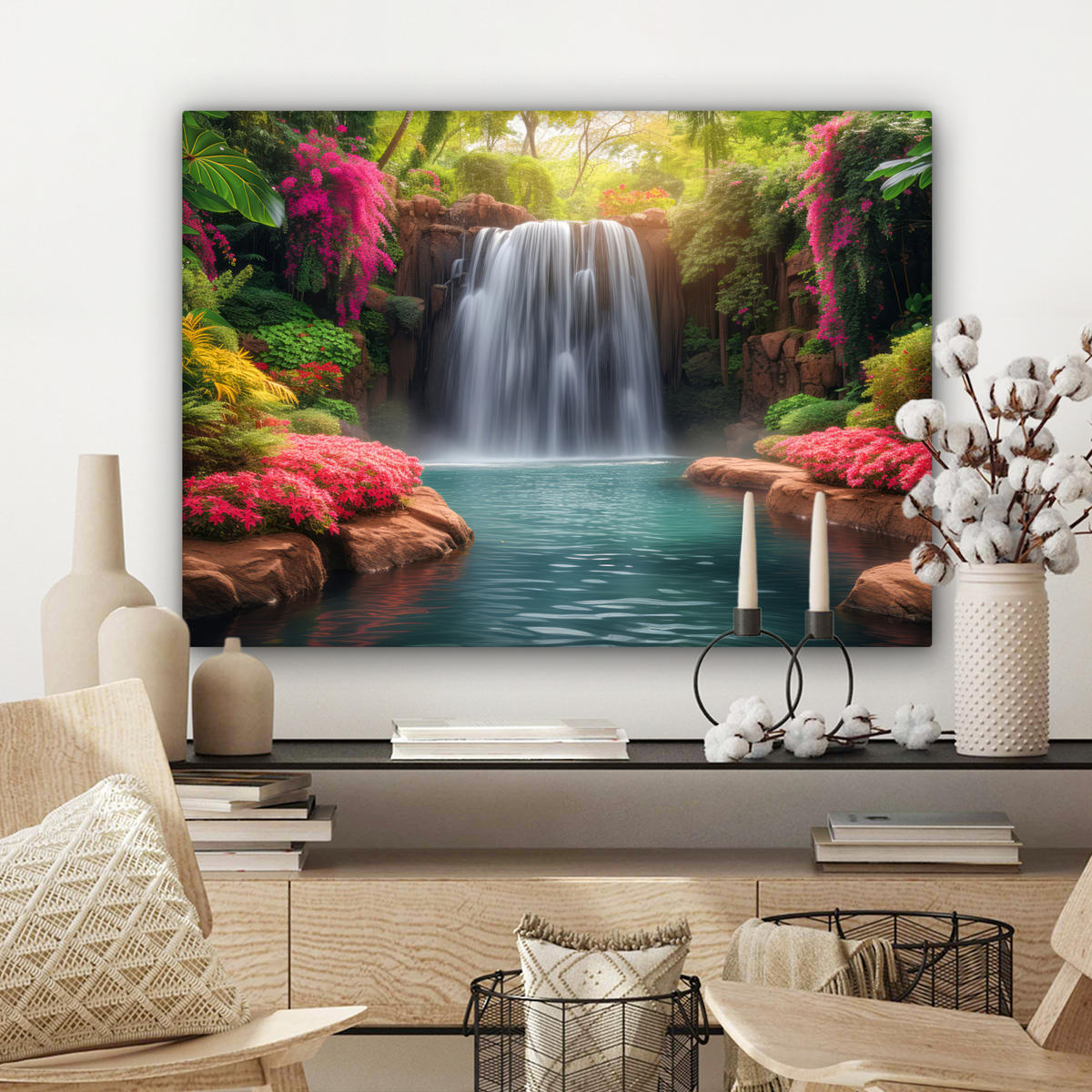 LEINWANDBILD Wasserfall - Natur - Pflanzen - Dschungel - Wasser Wandbilder 80x60 cm - Grün, Textil (80/60cm) - MuchoWow