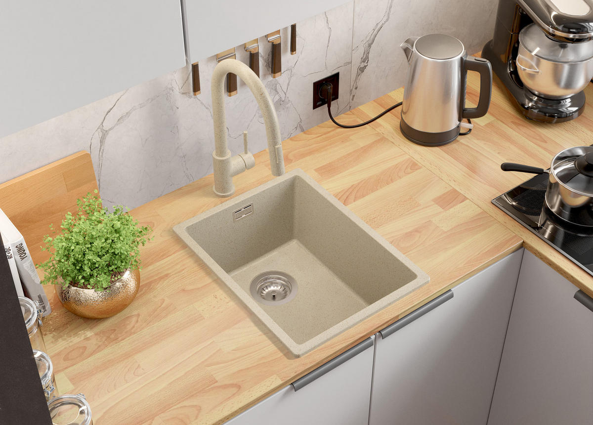 SPÜLBECKEN London Slim, 2-er set Beige 36/47 cm 1 Becken + Ablauf-Set ab 40er Unterschrank - Chromfarben/Beige, Kunststoff (36/20/47cm) - Primagran