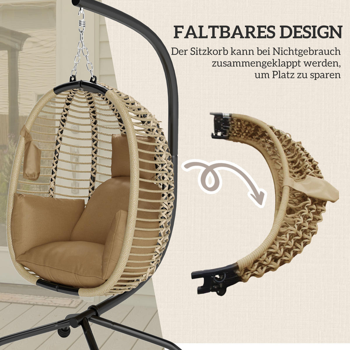HÄNGESESSEL faltbar mit waschbarem Sitz Beige - Beige, Textil/Metall (100/188/110cm) - Outsunny