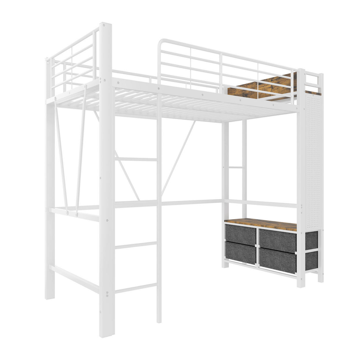 HOCHBETT 90/200 cm mit LED-Beleuchtung, USB-C, Steckdose, Kleiderstange und 4 Schubladen, Metall/MDF, Weiß - Weiß, Metall (90/200cm) - Redom