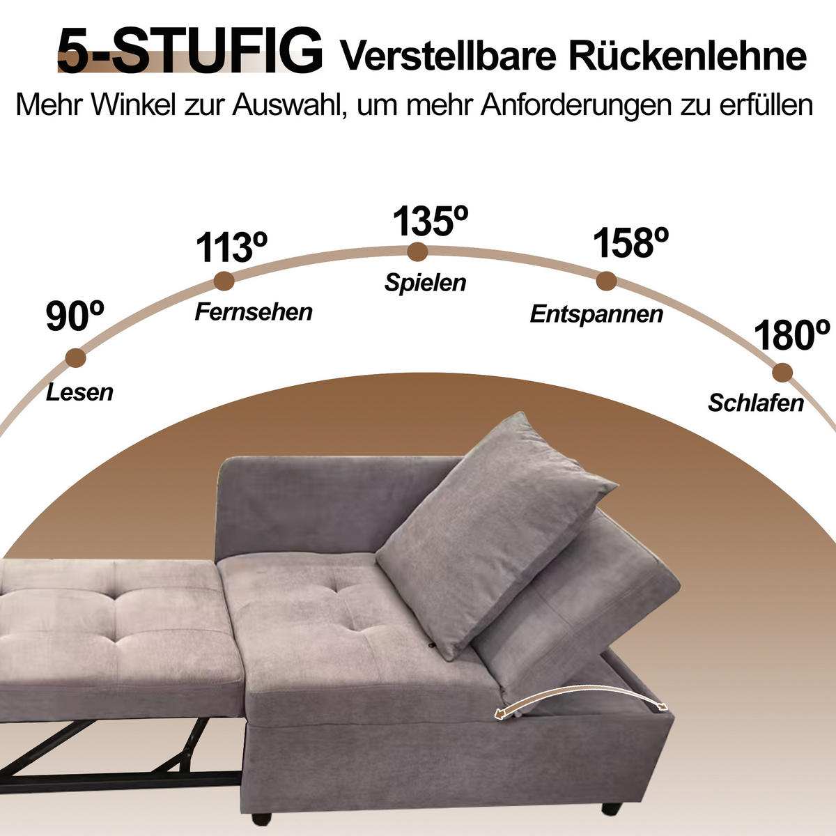 SCHLAFSOFA Leinenstoff mit 5-fach verstellbarer Rückenlehne Grau 177/68/65 cm - Graubraun, Textil (68/65/177cm) - Redom