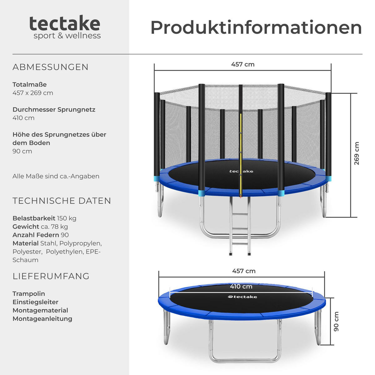 TRAMPOLIN Garfunky, inklusive Einstiegsleiter, schwarz/blau - Blau/Schwarz, Metall (457/269/457cm) - tectake