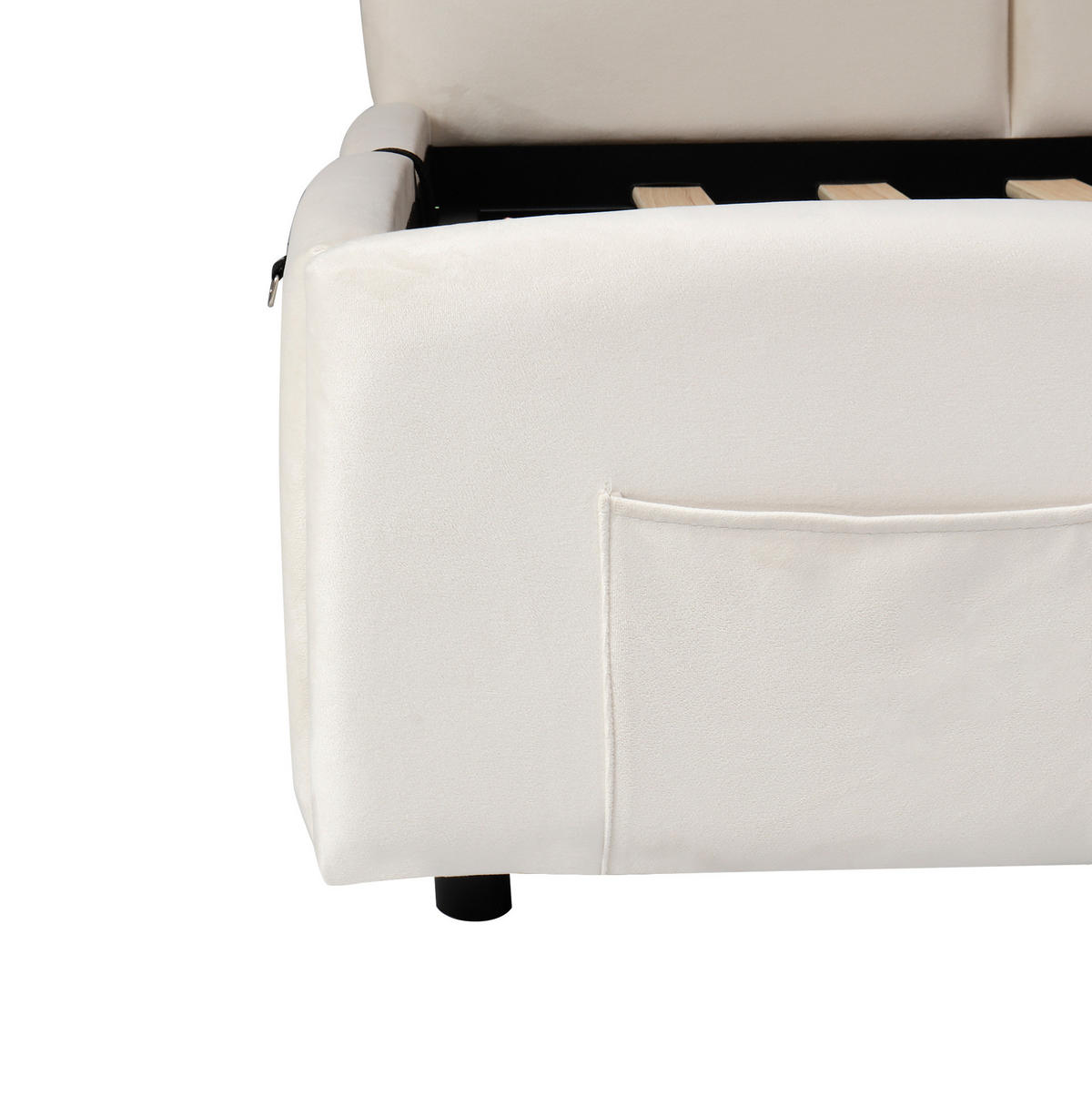 POLSTERBETT 90/200 cm beige aus Samt mit Stauraum, USB und Seitentaschen - Beige, Holzwerkstoff (90/200cm) - OKWISH