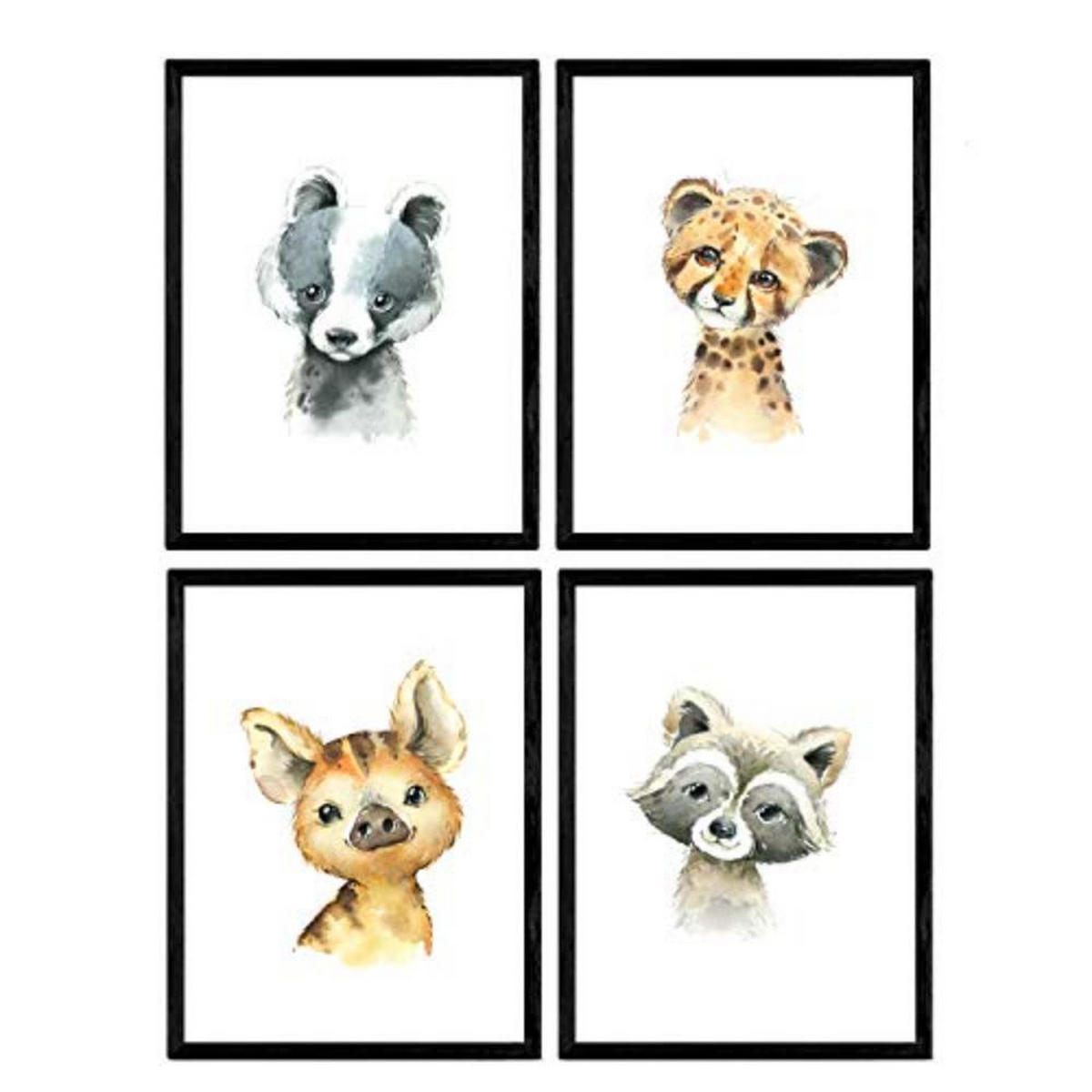 POSTER Set mit 4 Tiger Mofeta Hiena Waschbär A4 Schwarzer Rahmen - Schwarz, Papier (29.7/3cm) - Nacnic