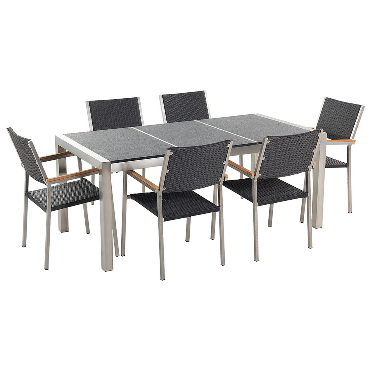 GARTENMÖBEL SET 6-Sitzer Naturstein schwarz geflammt Rattan Grosseto - Silberfarben/Schwarz, Metall - Beliani