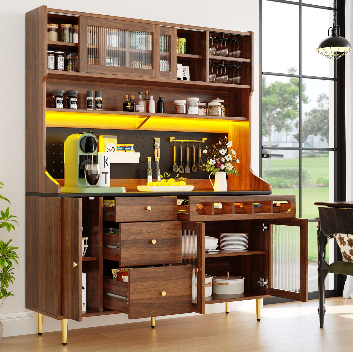BUFFET 145/39/171 cm aus MDF und Glas mit LED-Beleuchtung und Weinregal Walnussfarben - Walnussfarben, Holzwerkstoff (145/171/39cm) - Modenvie