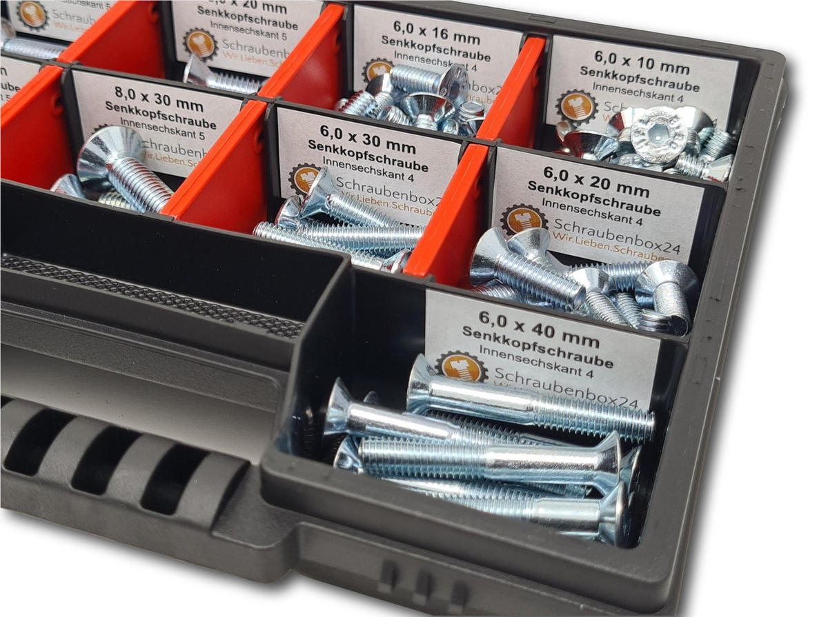SECHSKANTSCHRAUBEN Sortiment M6-M8 // 10mm-40mm 105 tlg. Schraubenbox DIN 7991 / ISO 10642 - Zinkfarben, Metall (3.5cm) - Schraubenbox24