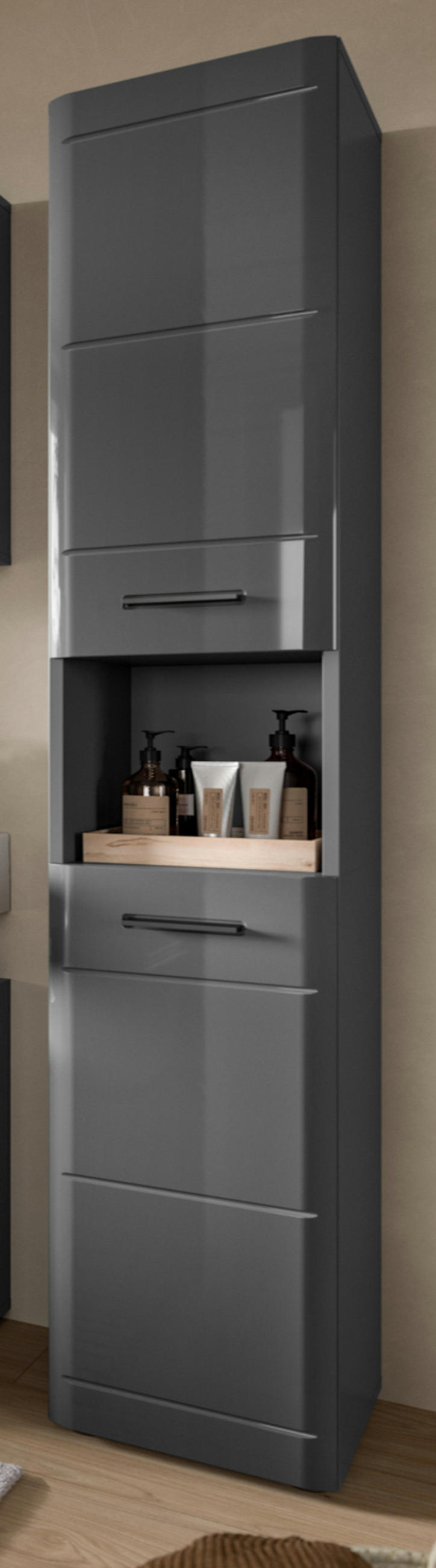 HOCHSCHRANK grau Hochglanz 30 x 180 cm, Badschrank mit Soft-Close - Schwarz/Grau, Holzwerkstoff/Kunststoff (30/180/30cm) - Inn.Furn