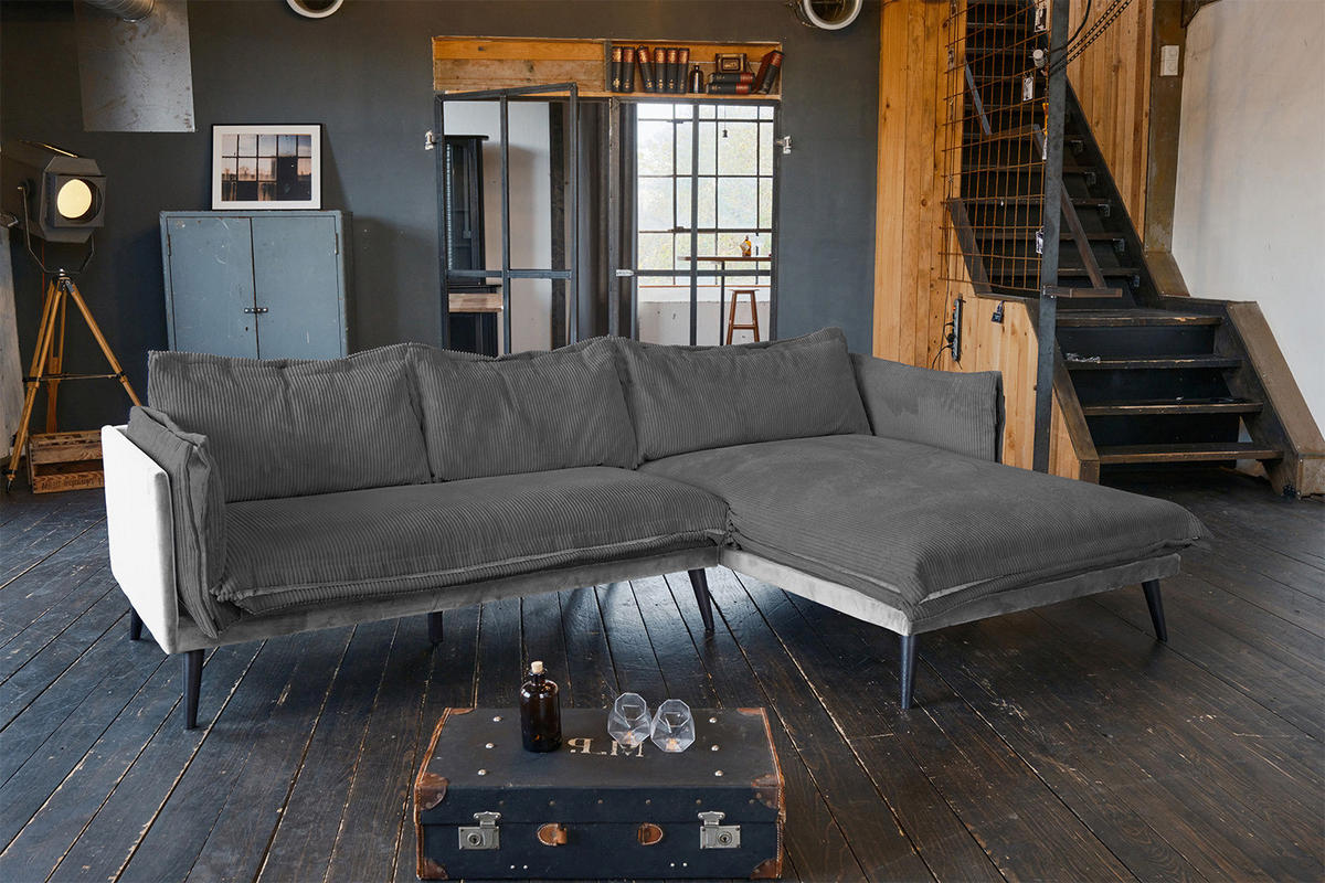 ECKSOFA QUENYA Grau Velvet - Schwarz/Grau, Textil (294/184cm) - KAWOLA