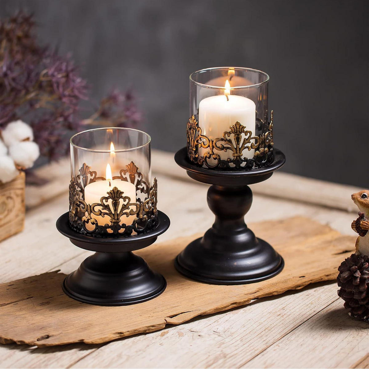 KERZENSTÄNDER 2-teiliges Set Metall Schwarz Matt mit Glas - Multicolor, Metall (11.5/20.5/11.5cm)