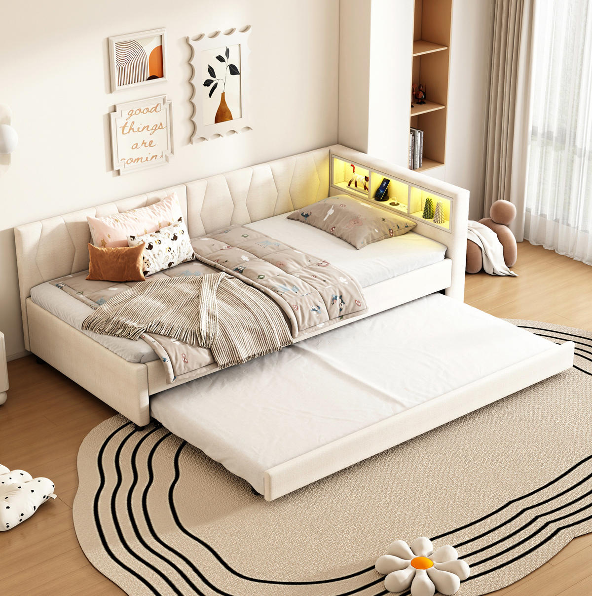 POLSTERBETT 90/200 cm Beige aus Leinen mit LED-Lichtleiste - Beige, Textil (90/200cm) - OKMYHOME
