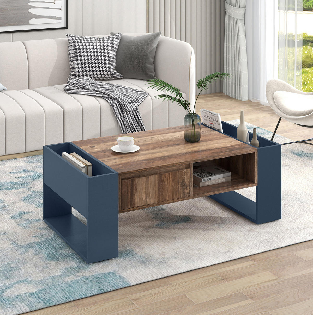 COUCHTISCH 111/60/40 cm mit Schublade und beidseitigem Stauraum - Schwarz, Holzwerkstoff (111/60/40cm) - Flora Grace