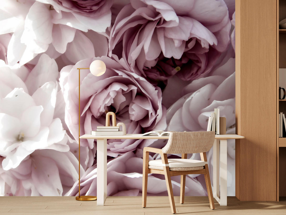 FOTOTAPETE für Badezimmer Pastell Pfingstrosen Blumen 300x210 - Beige/Violett, Papier (300/210cm) - Muralo