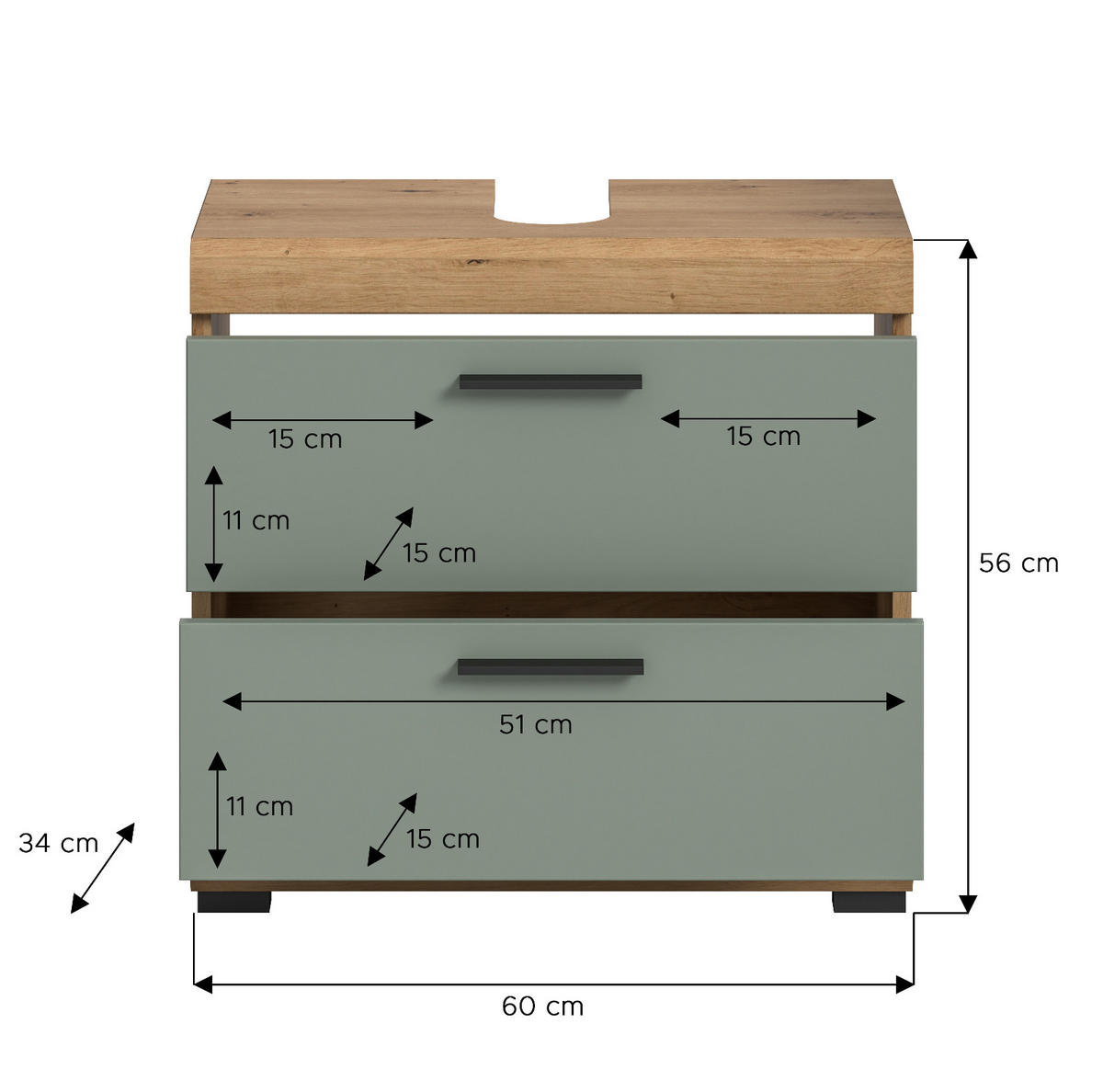 WASCHBECKENUNTERSCHRANK Salbei grün, Eiche Artisan 60 cm mit Schubkästen - Salbeigrün/Schwarz, Holzwerkstoff/Kunststoff (60/56/37cm) - Inn.Furn