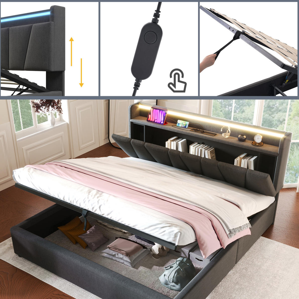 POLSTERBETT 140/190 cm mit LED, USB, Steckdosen, Stauraum-Kopfteil und Bettkasten, Leinen, Grau - Grau, Textil (140/190cm) - Redom