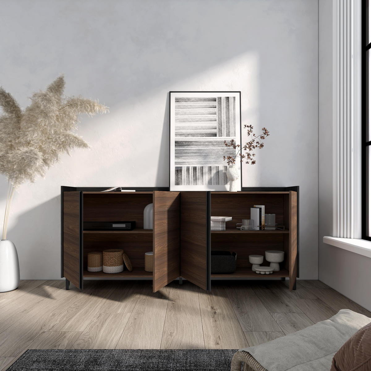 SIDEBOARD, Dunkler Eiche und Schwarz, 207/35/91cm, mit Beinen - Dunkelbraun, Holzwerkstoff (207/91/35cm) - Skraut Home