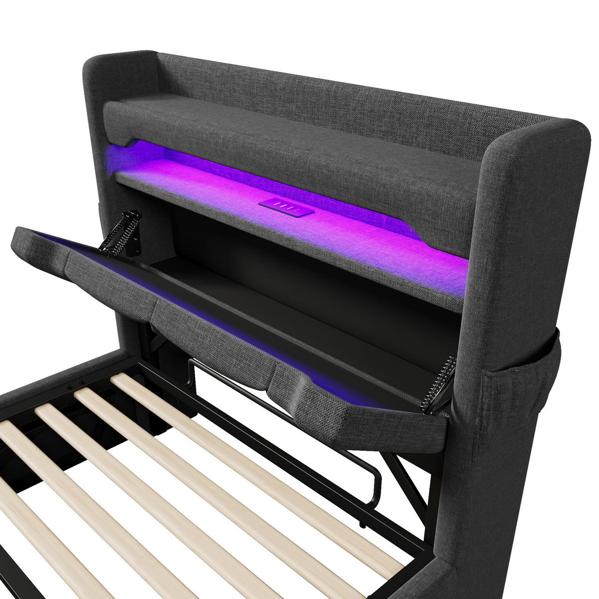 POLSTERBETT 90/200 cm mit hydraulischem Bettkasten, 360°-LED & USB/Type-C im Kopfteil, Grau - Grau, Textil (90/200cm) - Redom