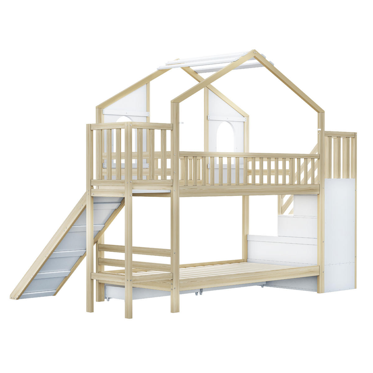 SPIELBETT 90/200 cm DE-01484, in Holzfarbe, mit Rutsche, Aufbewahrungsleiter und 2 Schubladen - Naturfarben, Holz (90/200cm) - ComfortXL