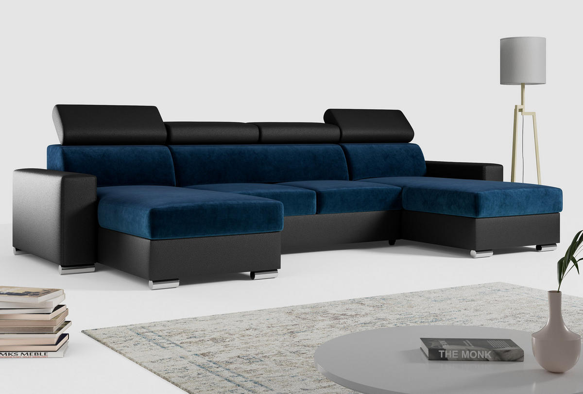 WOHNLANDSCHAFT FOX U Dunkelblau/Schwarz - Velvet/Kunstleder - Silberfarben/Schwarz, Kunststoff/Textil (306/98/168cm) - MKS
