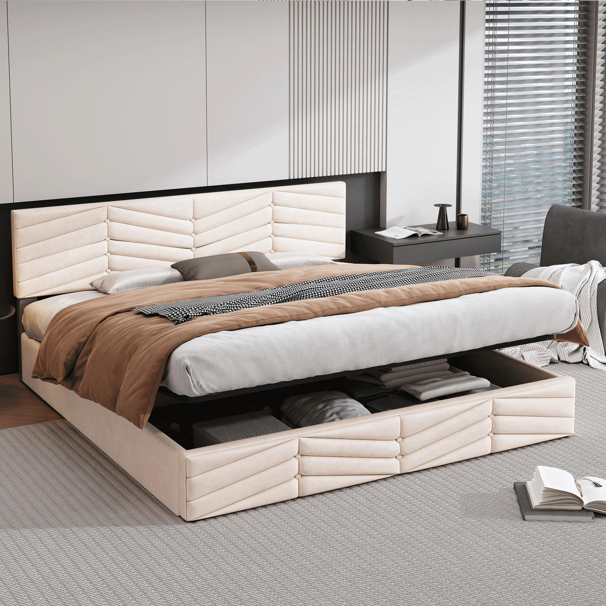 POLSTERBETT 160/200 cm beige mit hydraulischem Bettkasten und höhenverstellbarem Kopfteil - Beige, Textil (160/200cm) - OKWISH