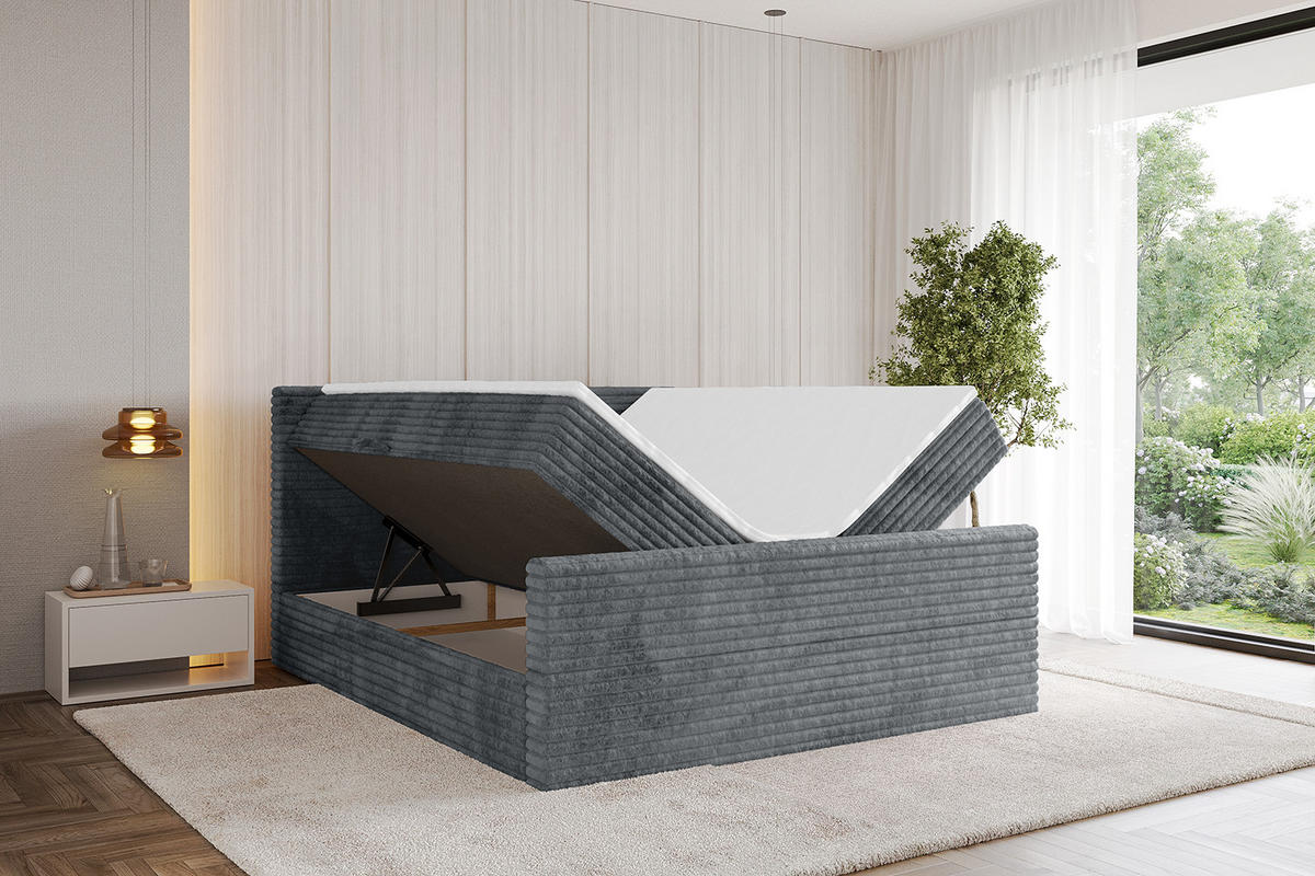 BOXBETT mit Matratze H4 und Lattenrost - TOLO-Z-v1 - 200x200 Cord - Dunkelgrau - Dunkelgrau, Holzwerkstoff (200/200cm)